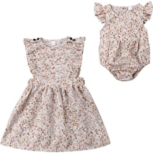 Family Matching Outfits Summer Newborn Baby Girl Sister Clothes Floral Dress Romper Jumpsuit