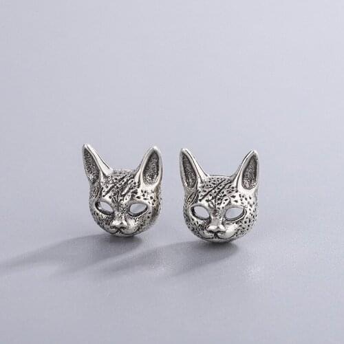 Retro Cat Stud Earrings Silver Color Hairless Cat Earrings for Motorcycle Party Men Womens Earrings Punk Cool Earrings Jewelry