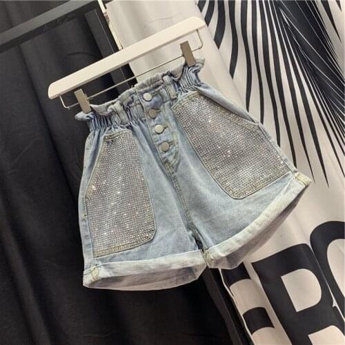Summer Womens Diamonds Srimping High Waist Denim Hot Shorts Fashion Casual Elastic Waist Big Size Streetwear Female Loose Shorts
