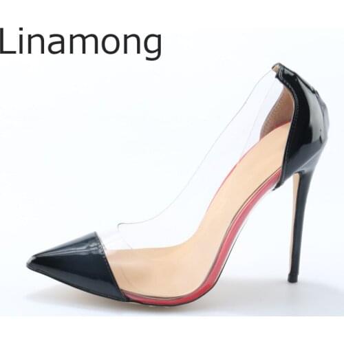 Hot Sale Black Patent Leather Women Sexy Pointy Toe Pumps Clear PVC Ladies Shallow Slip On Stiletto High Heels Party Dress Shoes