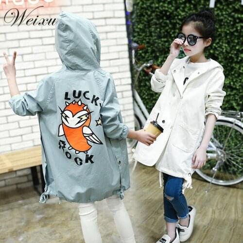 Weixu Childrens Windbreaker For Girls Fashion Kids Spring Autumn Cartoon Bird Outerwear Jacket Teenager Hooded Long Trench Coat