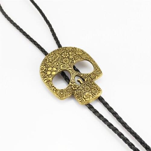 Vintage Western Cowboy Mens BOLO Tie Slide Clip Flower Pattern Skull Head PU Leather Rope