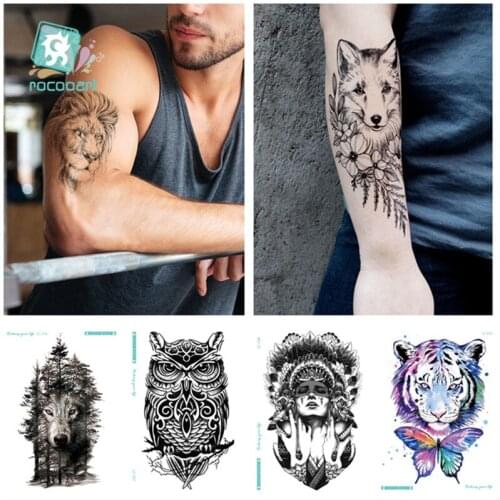 6Pcs Waterproof Temporary Tattoo Sticker Chest Clock Wolf Forest Tatto Tigers Owls Flash Tatoo Fake Tattoos For Men 21*15CM