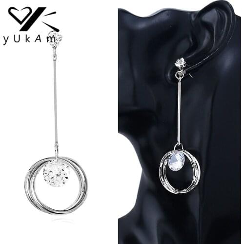 YUKAM Fashion Jewelry Metal Big Crystal Long Circle Earrings Hanging Silver Color Dangle Drop Rhinestone Earrings Brincos Female