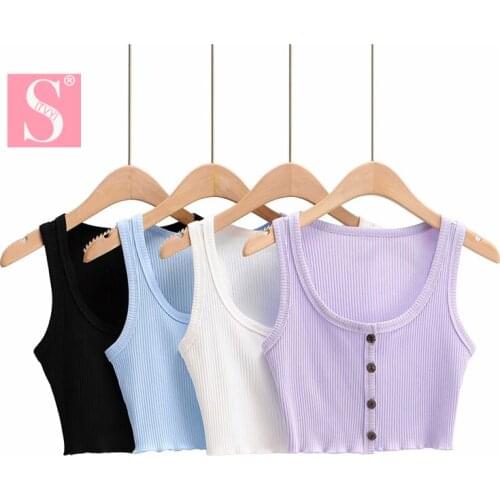 STVY 2020 Summer Fashion Sexy Short Style Cotton Ribbed Women Tank Top Camisole Ladies Single-breasted Tube Tops Vest Feminino