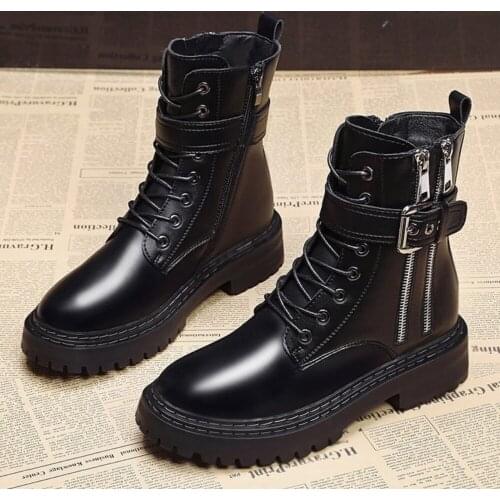Black Women Boots Ankle Motorcycles Double Zipper Platform Thick Heel Round Toe Cross-tied Handmade Casual Shoes Ladies Booties