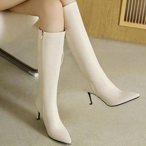 Black Beige Women Knee High Boots Faux Leather Pointed Toe Thin High Heel Ladies Calf Boots Short Plush Fall Winter Womens Boot