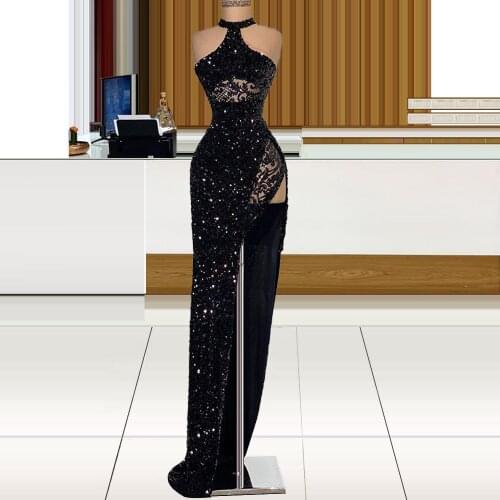 Halter Sequin High Slit robe de soirée de mariage платье 2021 Black Slim Sleeveless Prom Dresses