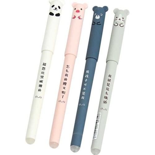 4 pcs 0.35mm Kawaii Erasable Pens For School Supplies Cute Bear Panda Pink Pig Cat Pens Washable Handle Gel Pen Refill Rods Gift