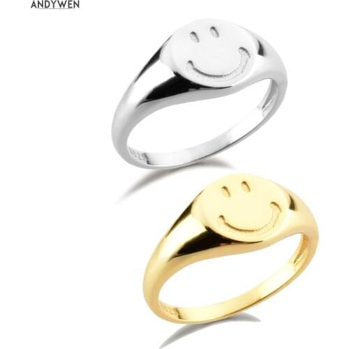 ANDYWEN 925 Sterling Silver Size Pure Smiley Happy Face Thick Rings Women Round Fine Jewelry Gift Luxury Smile Face Jewellry