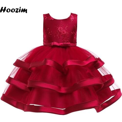 Burgundy Embroidery Flower Evening And Prom Dress Girls 3-10 Age Formal Tulle Fluffy Layered Pageant And Graduation Dresses Kids