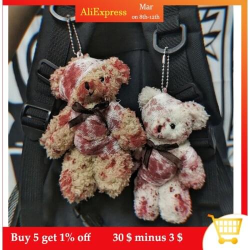 Punk Bloody Plush Bear Keychain Halloween Injured Animal Bear Doll Key Ring Bags Pendant Creative Fashion Cool Jewelry