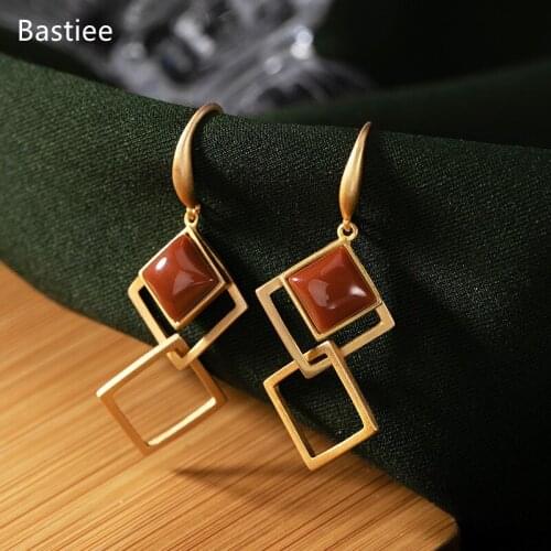 Bastiee Geometric Korean Earrings Earrings Silver 925 Jewelry For Women Red Agate Golden Plated Long Earrings Vintage
