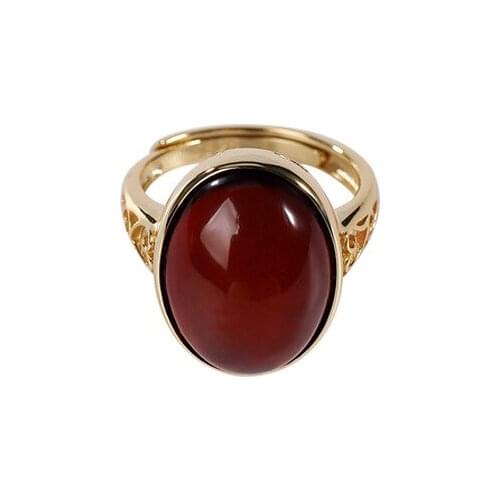 S925 sterling silver gold plated Natural Amber Blood Amber Ring Love Hollow out Pattern Egg noodles Ladies Ring