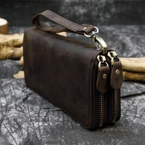 Crazy Horse Leather Purse for Men Clutch Purse Double Zipper 24 Card Holders Vintage Billetera Genuine Leather Long Wallet