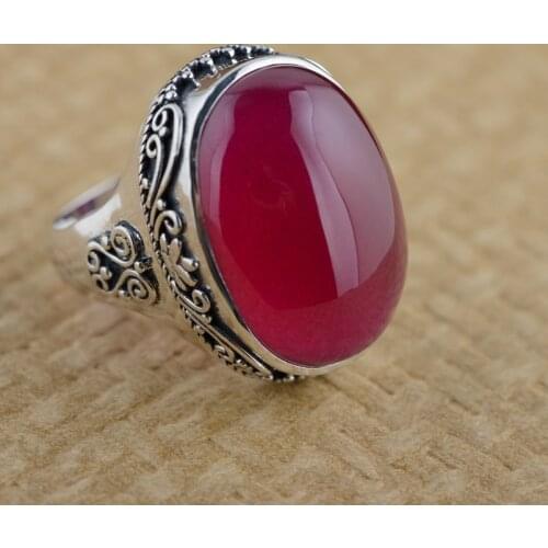 Red Corundum Ring Silver Inlaid Thai Silver Antique Style Female Simple Atmospheric Type Grass Grain