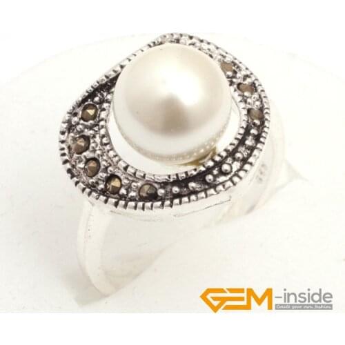 10mm round white shell pearl beads tibetan silver marcasite heart base ring send by random classical jewelry for party for gift