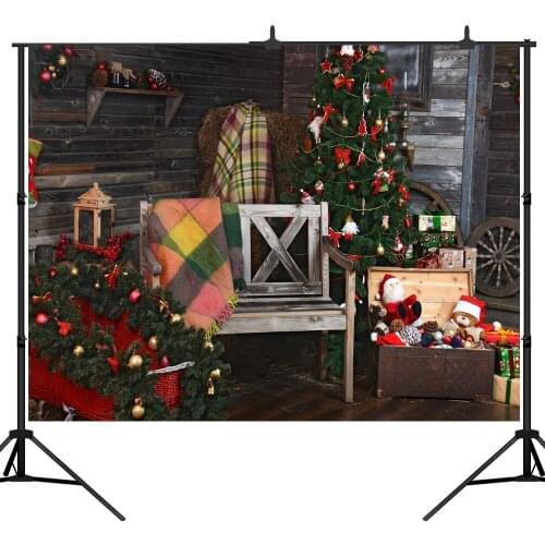 Lyavshi Christmas Photographic Backdrops Straw Doll Wheel bench blanket Christmas Tree Gift Theme Photography Background