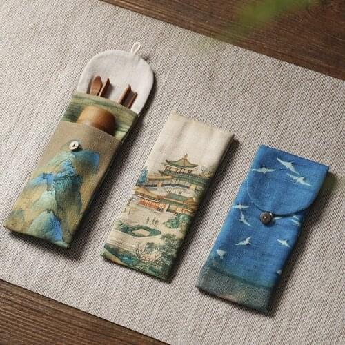 Bamboo Tea Three-piece Cotton and Linen Storage Bag Set Kung Fu Tea Set Accessories Bag Tea Clip Six Gentleman Tea Accessories