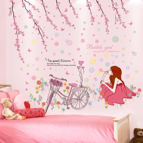 [shijuekongjian] Cartoon Girl Wall Stickers DIY Peach Flowers Bicycle Mural Decals for Kids Rooms Baby Bedroom House Decoration