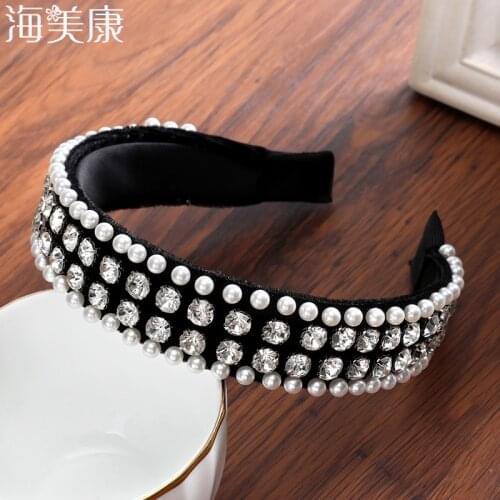 Haimeikang New Flannel Hair band Diamond Pearl Rhinestone Hair Accessories Black Elegant Hair Bands for Women Wedding Headwear