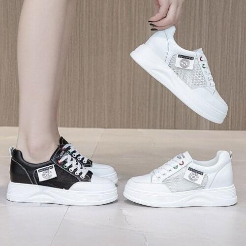 Spring/Summer 2021 new transparent leather pure color womens white shoes lace-up increased womens shoes travel leisure shoes