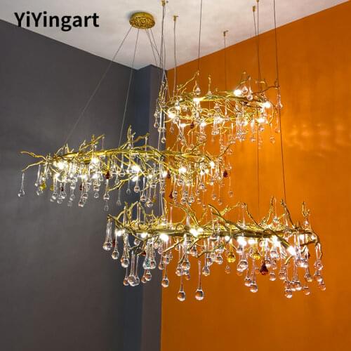 French Princess crystal lamp household round dining room lamp luxurious atmosphere living room lamp creative branch gold powder