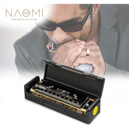 NAOMI 10 Holes Professional Blues Harmonica Acrylic Comb Brass Reed C Key With Black Case Musical Gift Birthday For Beginner Kid