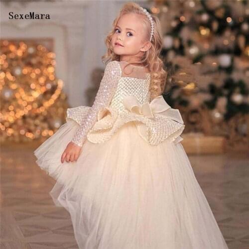 Custom Puffy Sequined Mesh Girls Party Dresses Kids Layers Flower Girl Dresses Glitter Bow Knot Princess Dress New Birthday