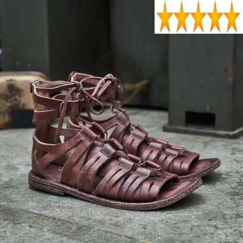 Weave Summer Mens Sandal Handmade Brand Vintage Genuine Leather Beach Shoes Flat High-Top Hollow Out Lace Up Gladiator Sandals