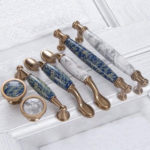 Blue Leaf hand painted ceramichandle and knobs Cupboard cabinet Knob drawer Dresser handles Closet pulls