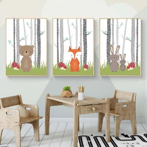 Nordic Cartoon Forest Animals Canvas Posters For Kids Baby Nursery Wall Art Decoration Paintings Modern Cute Fox Rabbit Poster