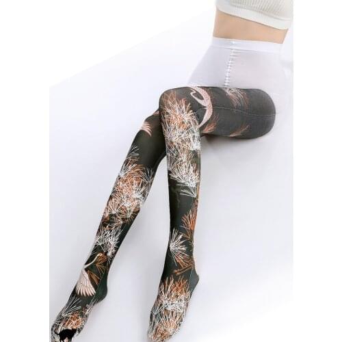 Spring stockings white crane pattern Tights High-quality coloured Silk stockings shaping leggin 1order=1pc