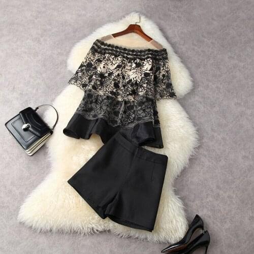 European and American womens clothing new summer 2021 Embroidered shirt five-point sleeves beaded stitches shorts Fashion suit