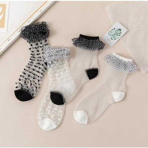 Harajuku Lace Socks Women Lolita Dots Glass Silk Socks Girls Transparent Ultra-thin Short Socks Ankle Female Dress Calcetines