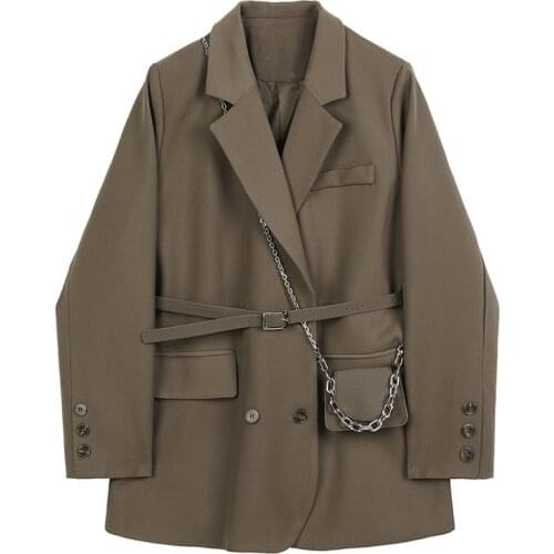 Women Brown Pocket Big Size Blazer New Lapel Long Sleeve Loose Fit Jacket Women Fashion Tide Spring Autumn 2021