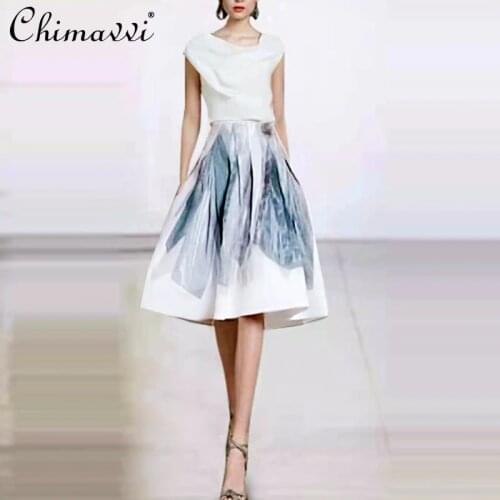 2021 Summer Fashion Womens Elegant Graceful Round Neck White Shirt High Waist A Line Short Skirt Female Two Pieces Skirt Suit