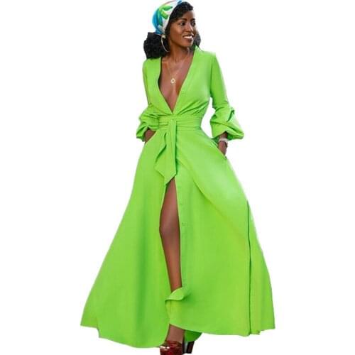 Hight Street Sexy Maxi Shirt Dress Women V-neck Long Sleeve Button Up Blouse Dress Loose Elegant Celebrity Party Long Dress Fall