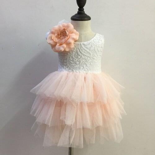 2017 backless full lace Pink Puffy birthday dress with big flowers girls layered wedding clothing Boutique Costumes 5pcs/lot