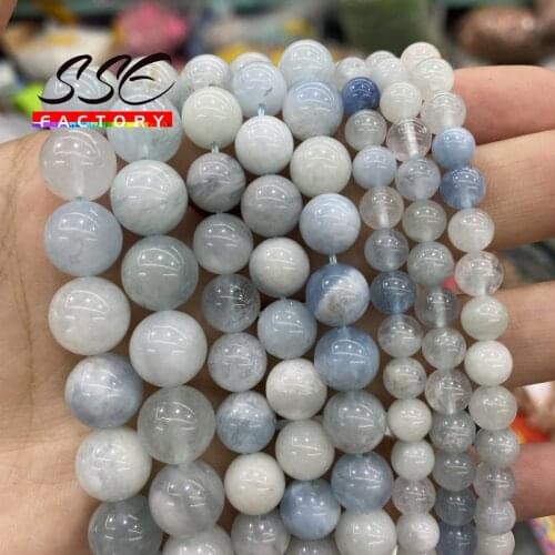 Natural Gem Blue Aquamarines Stone Beads Round Loose Spacer Beads 4 6 8 10 12mm For Jewelry Making Diy Bracelets Accessories 15"