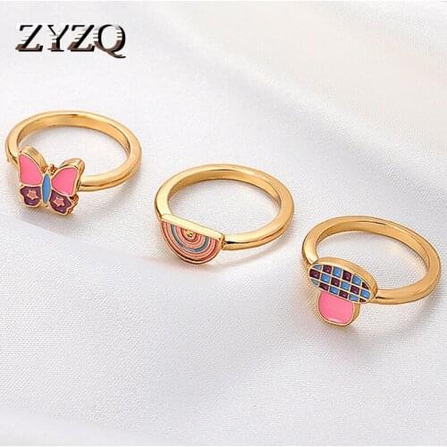 ZYZQ 2021 Creative Rainbow Mushroom Butterfly Ring For Women Personality Fun Geometric Ring Cute Fashion Student Jewelry