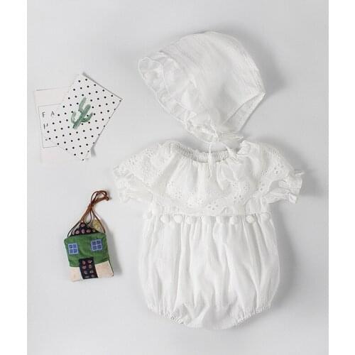 Princess Baby Girls Lace Bodysuits Newborn 2pcs Outwear Set Hollow Embroidery Ruffles Jumpsuits + Hat For Toddler Kids Clothes