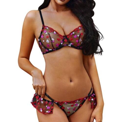 Lenceria Sexy Mujer Love Embroidery Lace Wireless Bra G-String Lingerie Set Sexy Women Underwear Transparnet Erotic Lingerie Set