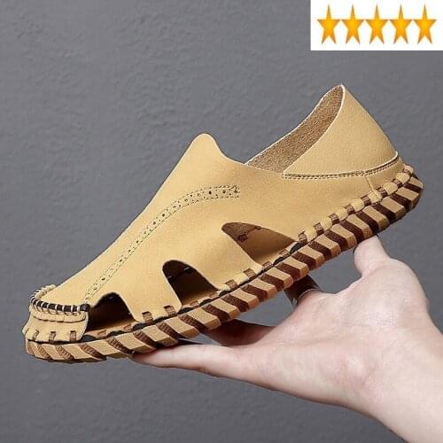 Size 46 Rome Plus Men Summer Driving Soft Sole Casual Loafers Fashion Hollow Out Flat Business Leather Sandals