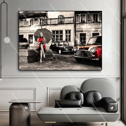 Nordic Street Wall Art Sexy Woman Photo Shoot with Car Painting Print on Canvas Cuadros Retro Poster and Picture for Living Room
