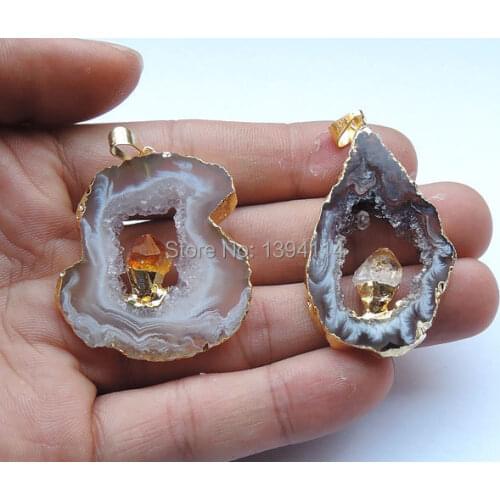 Natural Onyx Geode With Yellow Quartz Point Irregular Pendant Of Gold Cladding 32-45mm Long
