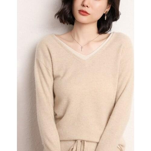 2021New 100%Pure Cashmere Sweater Pure Color Knitted V Vcollar Pullover Pure Cashmere Sweater Loose Large Size Sweater Womenf