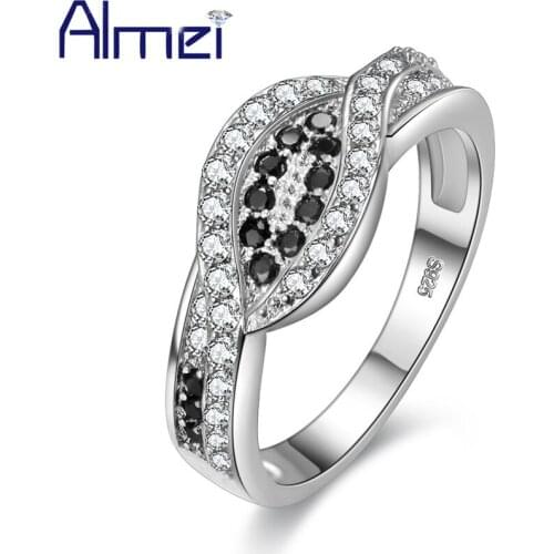 Engagement Rings Women Vintage Black and White Crystal Silver Wedding Ring CZ Zircon Christmas Jewelry Anel Feminino Bague Y004