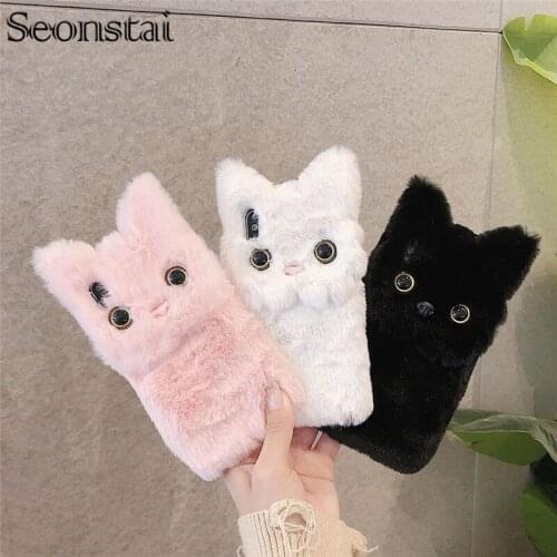 Plush Winter Warm Phone Case for iPhone XR XS Max X 11 Pro Max Cute Cat Furry fluffy Fur Cover for iPhone SE 7 8 Plus Cases