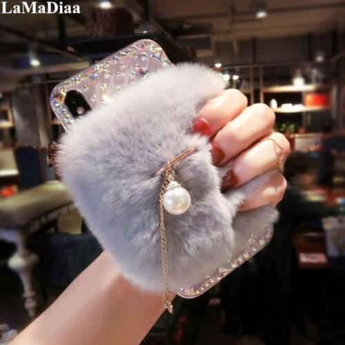 Luxury Bling Rhinestone Diamond Rabbit Fur Case For Xiaomi Redmi 5 6 4X 5A 6A 8A Note4 5 6 7 8 Pro 4X 5A Finger Ring Stand Case